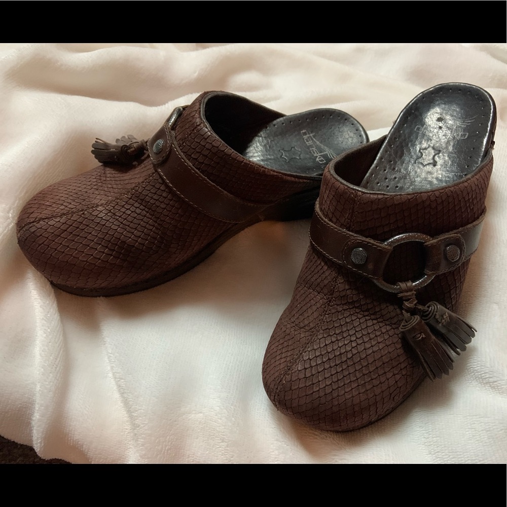 Dansko Brown leather open back clogs with tassel